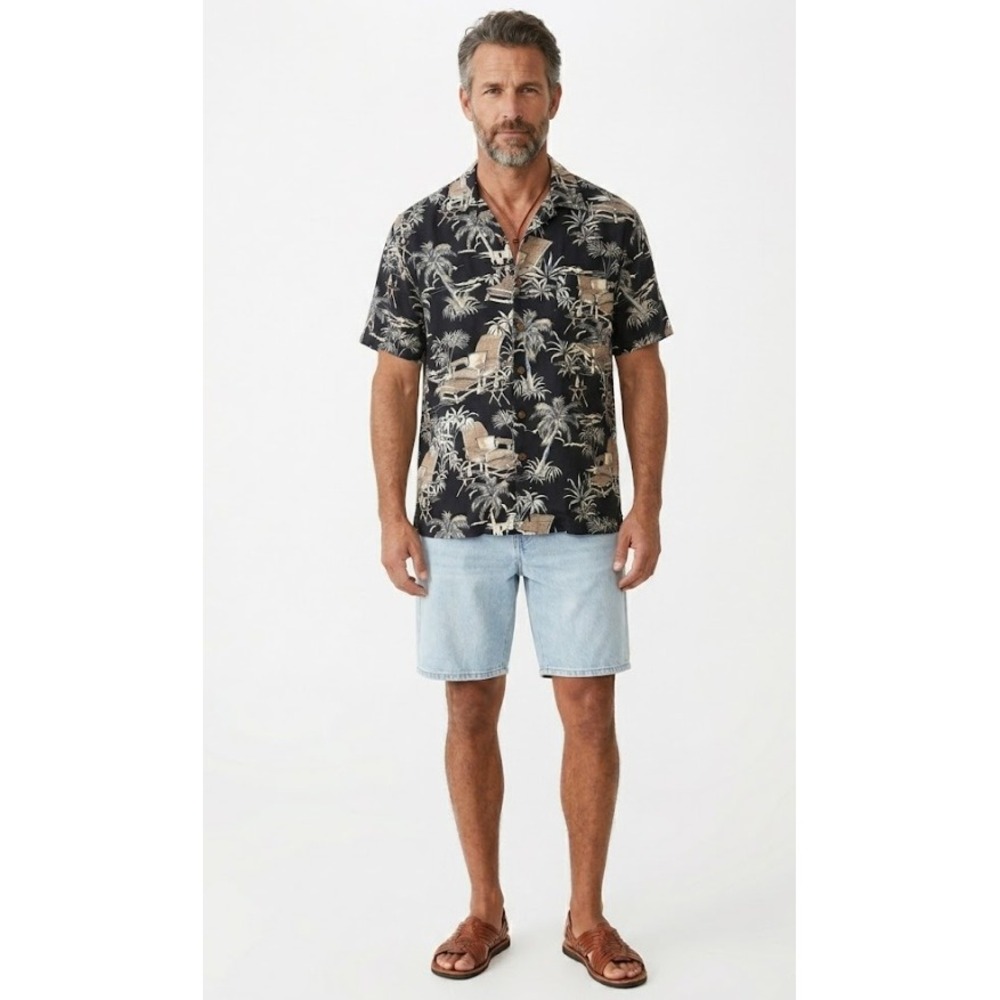 Caribbean Joe Hawaiian Shirt Large Black Tropical Palm Tree Linen Blend Camp
